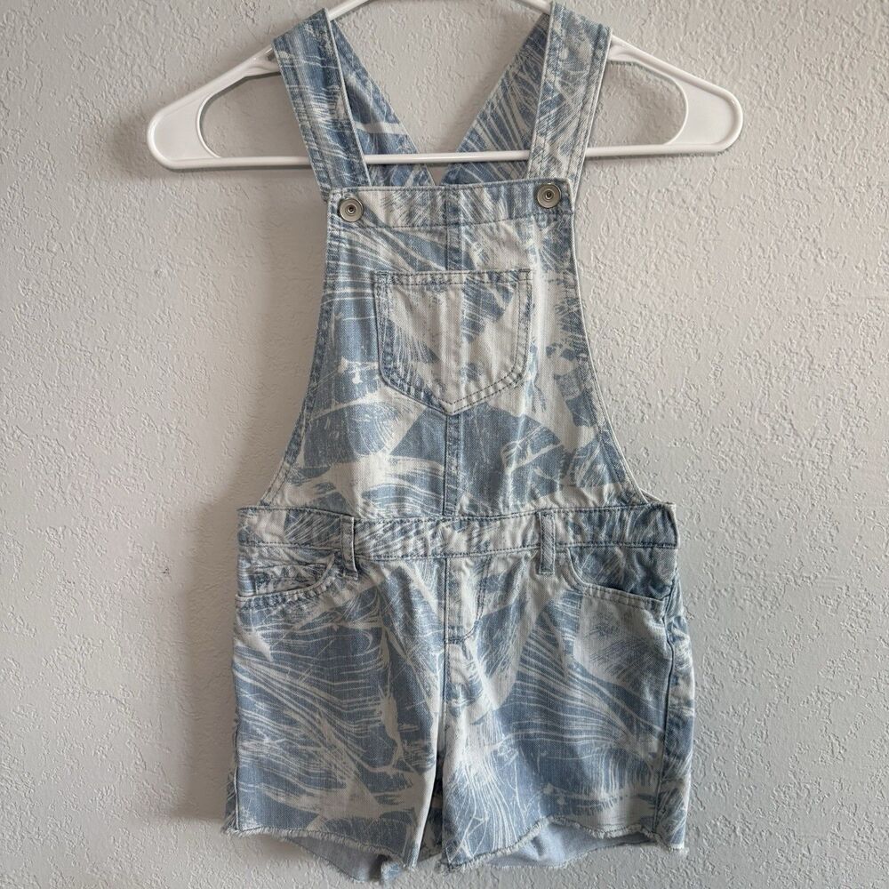 Children's Place Girls Denim Shortalls Size 8 Blue White Abstract Print Overalls